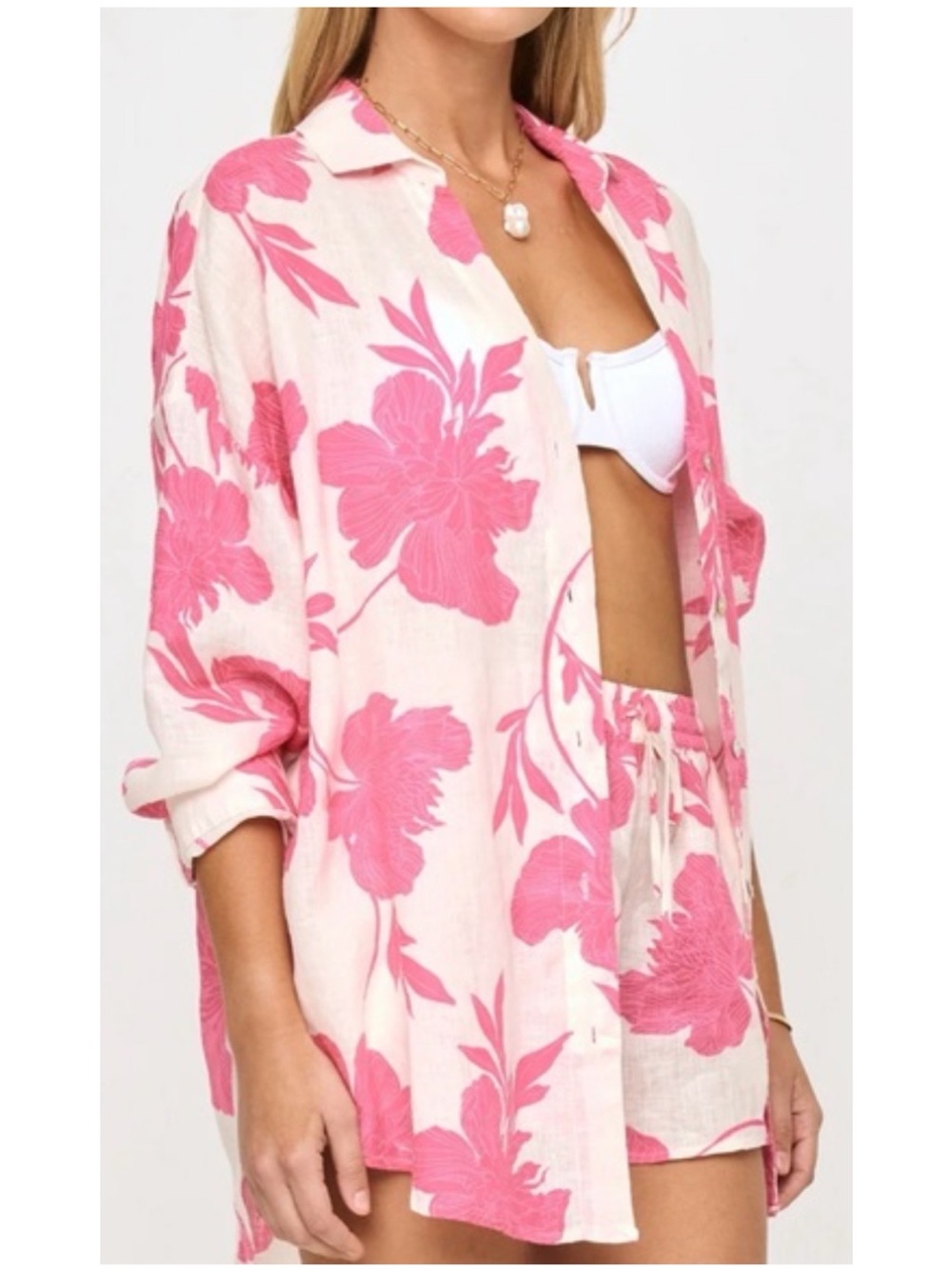 L*SPACE Women’s Size XS/S White & Pink Floral Linen‎ Rio Tunic Shirt Cover-Up